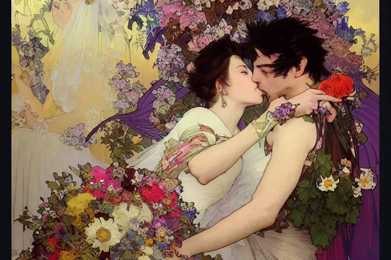 Image similar to the groom kisses the bride at a wedding full of flowers, bright and happy, dreamlike art, highly detail, 4 k realistic, wedding photoy krenz cushart. artem demura. alphonse mucha. yoji shinkawa artgerm. jon lothian. danilo torres. adi meyers. thomas reimann. gaston bussiere.