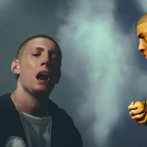 Prompt: still of an award - winning movie of eminem in a rap battle against a chocolate m & m, hyperdetailed, hdr, studio lighting, studio quality effects, epic!!!!!!