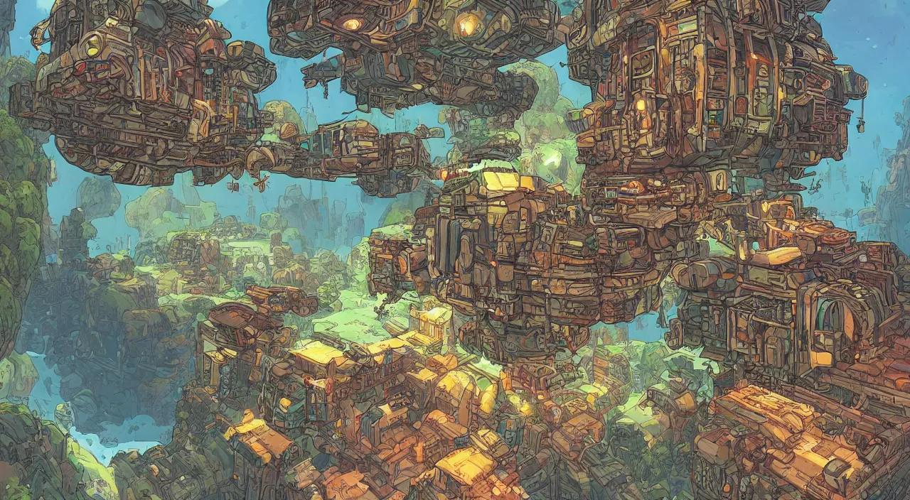 Image similar to open door wood wall fortress airship greeble block amazon jungle on portal unknow world ambiant fornite colorful that looks like it is from borderlands and by feng zhu and loish and laurie greasley, victo ngai, andreas rocha, john harris