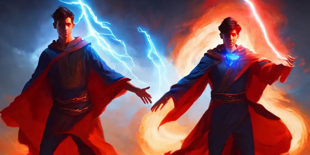 Image similar to epic scene of a handsome brown haired male sorcerer he is casting a blue and red spell that is emanating from his hands, heroic pose, medium shot, waist up, epic composition, dynamic lighting, post processing, concept art, cinematic, trending on artstation, by greg rutkowski