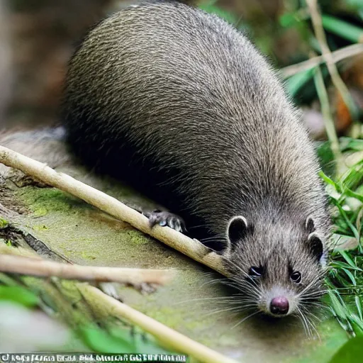 Prompt: award winning photograph of a mix of a nezumi and a tanuki; newly discovered species makes its debut on the cover of nature; found in a remote village in japan, the cute critter is half rat half tanuki and was caught on camera for the first time