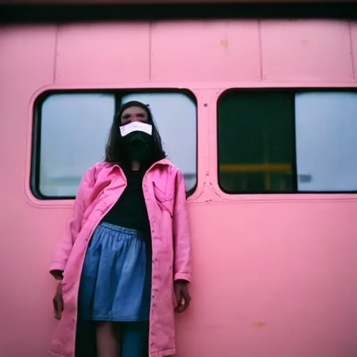 Prompt: A melancholic teen female, with light skin, dark hair, brown eyes, skin pores. Wearing a respirator. Pink jacket. In a mass transport bus. The atmosphere outside is filled with pale yellow mist. Film grain. Documentary photo. Sigma 40mm f/1.4 DG HSM