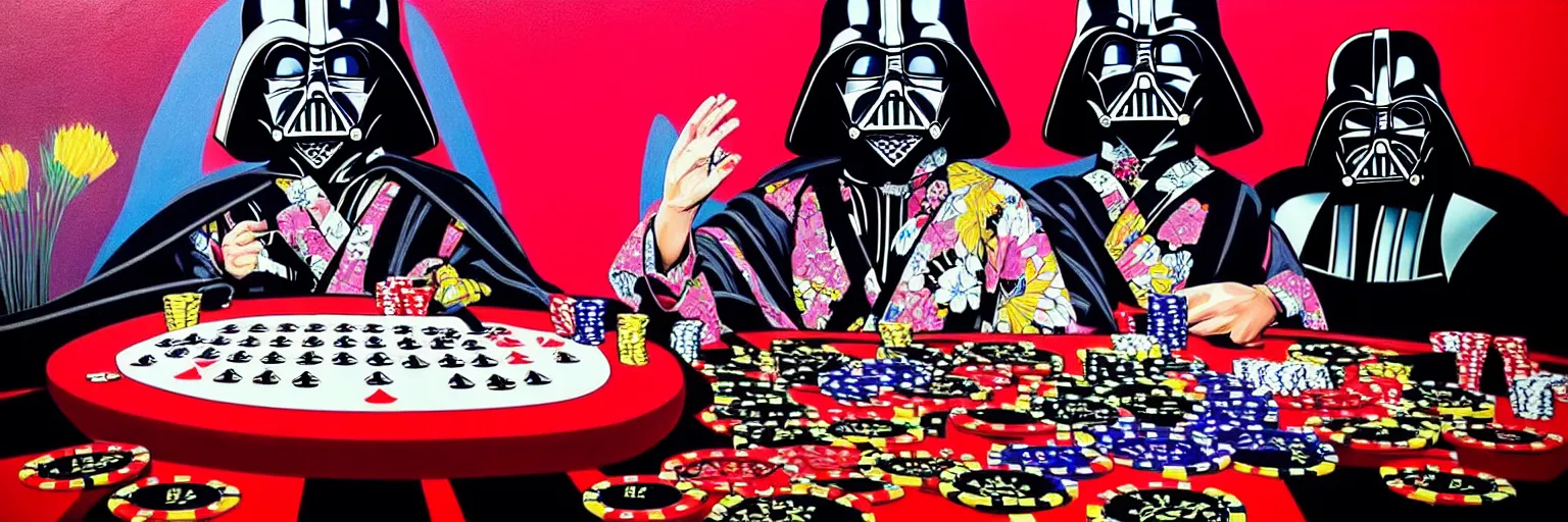 Image similar to hyperrealism composition of the detailed woman in a japanese kimono sitting at an extremely detailed poker table with darth vader, terminator, fireworks on the background, pop - art style, jacky tsai style, andy warhol style, acrylic on canvas