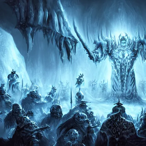 Image similar to vast ice dungeon, the lich king summoning a horde of undead warriors, warcraft, warcraft artwork, digital drawing, hyperrealistic, hyper detailed, dark fantasy, gritty