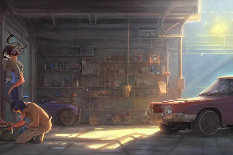 Image similar to rats fixing cars in the garage, key visual, a fantasy digital painting by makoto shinkai and james gurney, trending on artstation, highly detailed