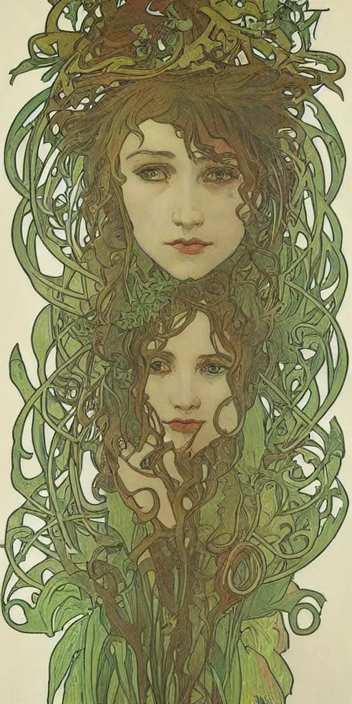 Prompt: alphonse mucha portrait of a forest elemental, art nouveau, nature tones, colored pencil drawing