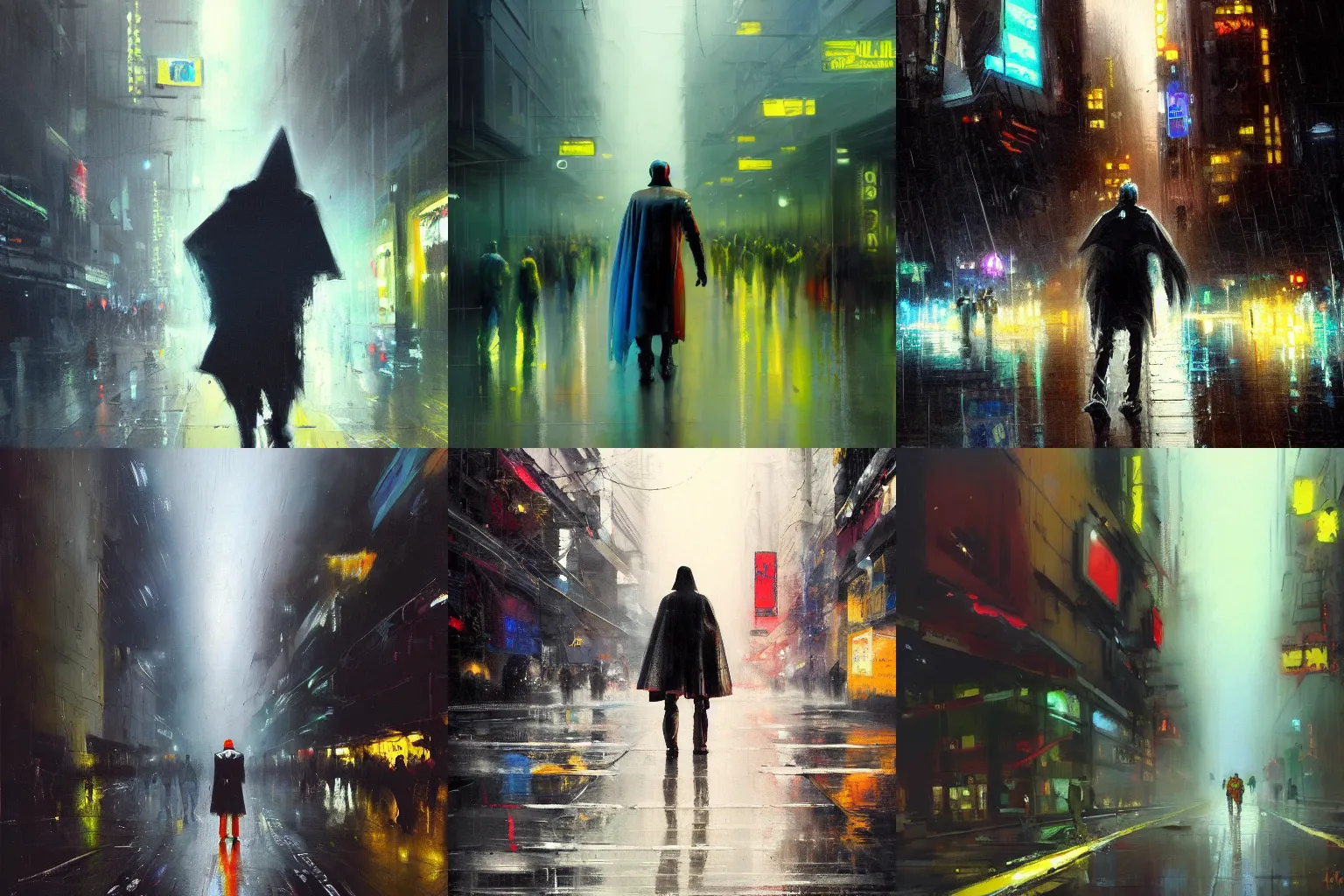 Prompt: painting of an android wearing a cape, standing in the streets of a rainy cyberpunk city, walking towards camera, low angle, fog, wide angle, by John Berkey, trending on art station