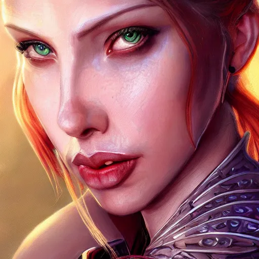 Image similar to Ultrarealistic illustration scarlet johansson as kleia from warcraft, ascended, angel, blue skin, portrait, beautiful, cyberpunk, sci-fi fantasy,intricate,elegant,highly detailed, digital painting, artstation, concept art,