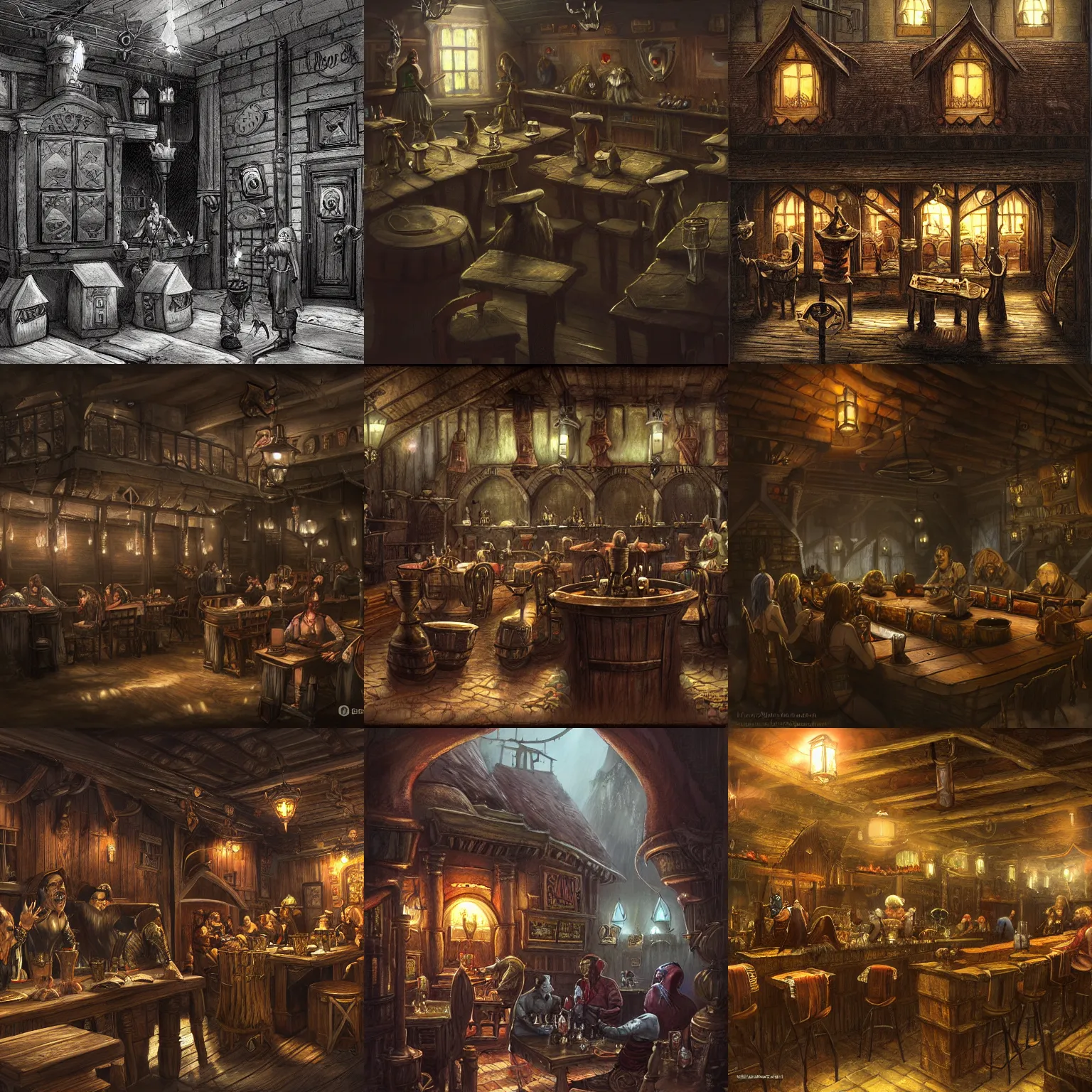 Prompt: 'A dark fantasy tavern, detailed, realistic, fantasy concept art by J.Dickenson'