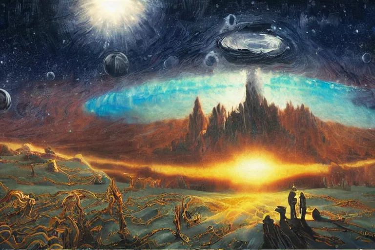 Image similar to miskatonic university big bang inscape in the style of dr. seuss,'interstellar directed by christopher nolan ', painting by albert bierstadt