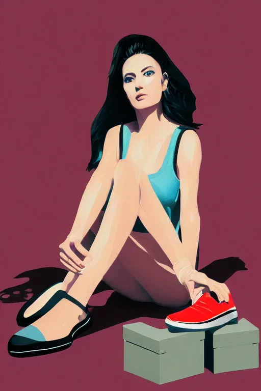 Image similar to a ultradetailed painting of a stylish woman sitting on a pile of sneaker boxes trending on artstation