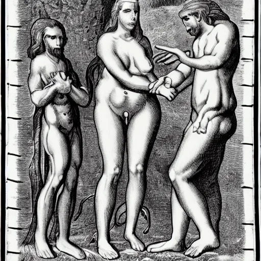 Image similar to adam and eve shaking hands with an anthromorphic snake