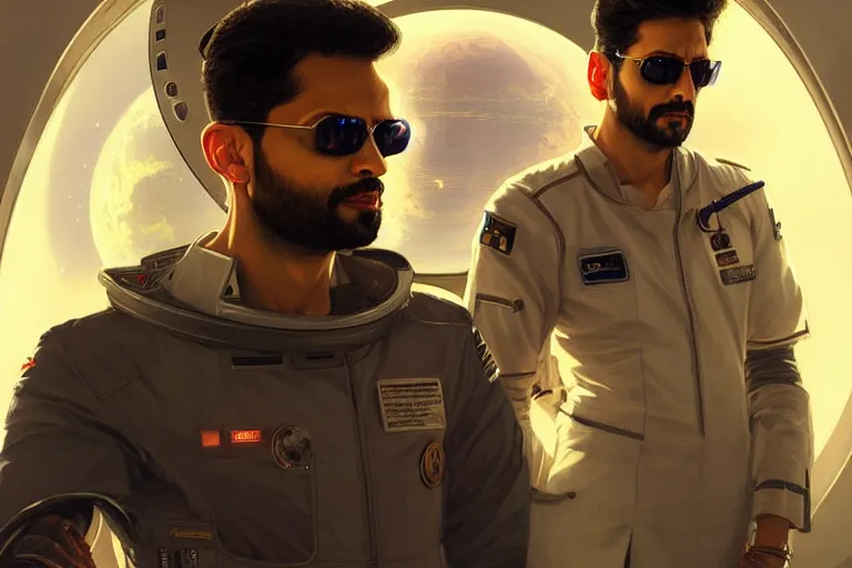 Image similar to Sensual good looking pale young Indian doctors wearing Deus Ex clothing in a space station above Earth, portrait, elegant, intricate, digital painting, artstation, concept art, smooth, sharp focus, illustration, art by artgerm and greg rutkowski and alphonse mucha