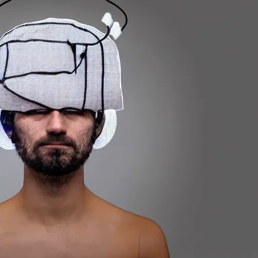 Image similar to a person wakes up sitting on a chair with things attached to his head like a mind reader, screens in front of him playing videos