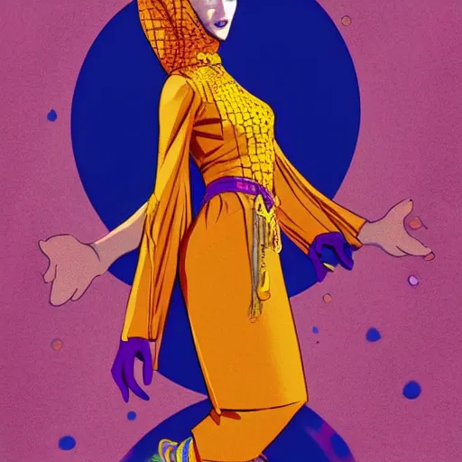 Prompt: woman with cool arabian clothes, orange blue and purple, golden details, full body, dynamic poses, art by jamie hewlett