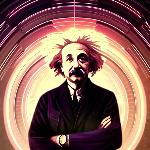 Image similar to symmetry!! portrait of albert einstein, sci - fi, tech wear, glowing lights!! intricate, elegant, highly detailed, digital painting, artstation, concept art, smooth, sharp focus, illustration, art by artgerm and greg rutkowski and alphonse mucha