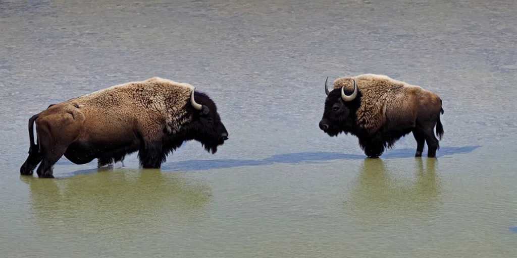 Image similar to bison and wolves swimming in grand prismatic spring