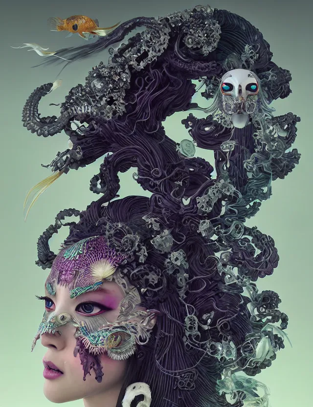 Image similar to 3 d goddess of death close - up profile portrait with ram skull. beautiful intricately detailed japanese crow kitsune mask and clasical japanese kimono. betta fish, jellyfish phoenix, bio luminescent, plasma, ice, water, wind, creature, artwork by tooth wu and wlop and beeple and greg rutkowski