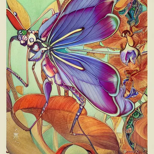 Image similar to majestic colorful orchid mantis enamel by leon bakst and yoshitaka amano, cloisonne, beautiful hyperdetailed art nouveau orchids, james jean, amanda sage