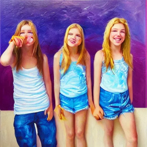 Image similar to “springbreak party, 3 young girls, hyper realistic oil painting”