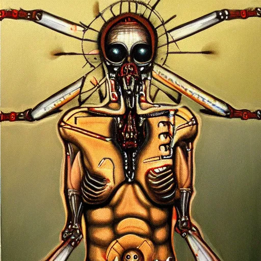 Prompt: painting of a biomechanical martyr oil stigmata