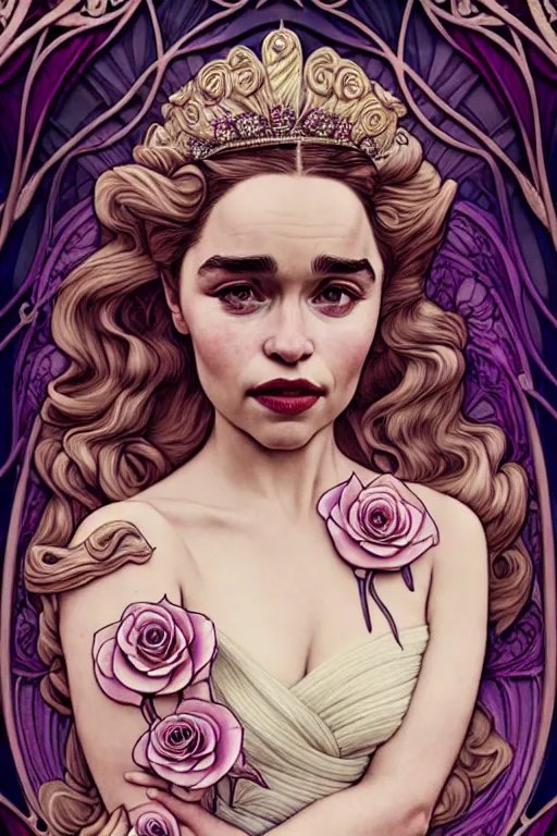 Image similar to new art nouveau closeup portrait of fantasy flower vargas princess seductive emilia clarke wearing a royal dress in an magic forest, anna dittmann, smooth skin, patrick nagle!!!, glamorous pose, charlie bowater and loish. long windblown blonde hair, ultrasharp focus, dramatic lighting, rose arches, octane, matte painting, intricate, d & d, poster