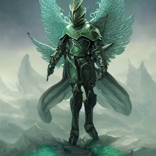 Prompt: illustration, armored angel knight in Phthalo metallic green armor with knight helmet, inhumanly long and thin limbs, fallen angel, Barthin, by Peter Mohrbacher, hyper detailed, otherworldly, octane rendered, fantasy, heavenly