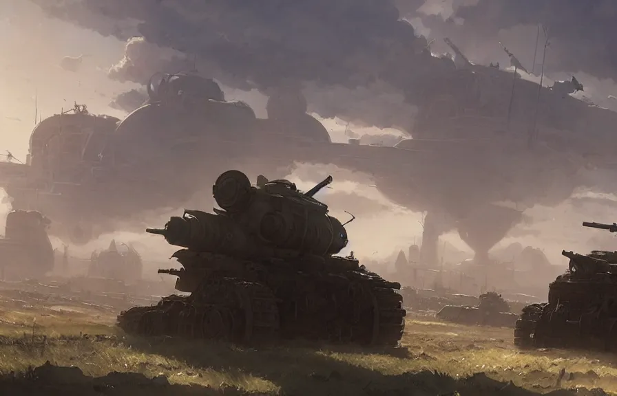 Image similar to concept art of a dusty field with ruined dieselpunk orcish tanks in the background, key visual, ambient lighting, highly detailed, digital painting, artstation, concept art, sharp focus, by makoto shinkai and akihiko yoshida and hidari and wlop