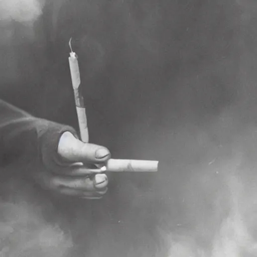 Prompt: Close-up of hand holding cigarette with smoke, vintage photo