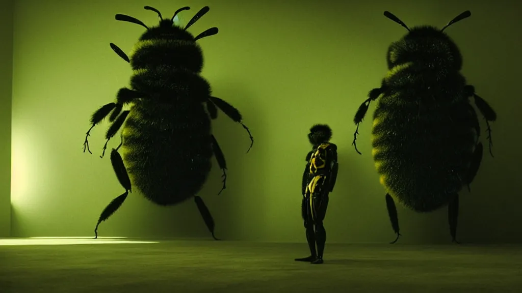 Image similar to the giant bumblebee in the living room, made of glowing wax, film still from the movie directed by denis villeneuve with art direction by zdzisław beksinski, wide lens