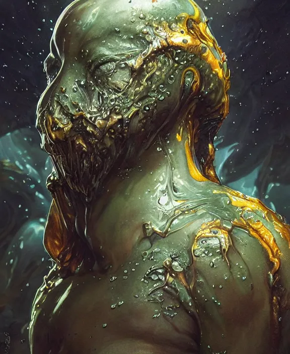 Image similar to portrait of a shining slime dripping abstract insect alien monster, slime, muscles, rippling slime, milky way environment, ultra realistic, concept art, intricate details, eerie, highly detailed, photorealistic, octane render, 8 k, unreal engine. art by artgerm and greg rutkowski and alphonse mucha