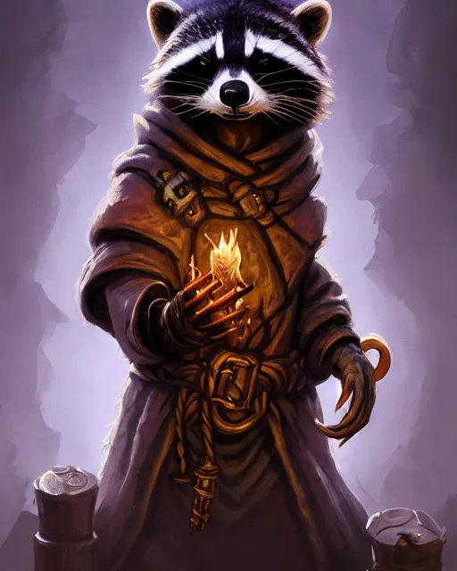 Image similar to anthropomorphic hooded necromancer raccoon casting a spell in a dungeon, deep focus, d & d, fantasy, intricate, elegant, highly detailed, digital painting, artstation, concept art, matte, sharp focus, illustration, hearthstone, art by artgerm and greg rutkowski and alphonse mucha