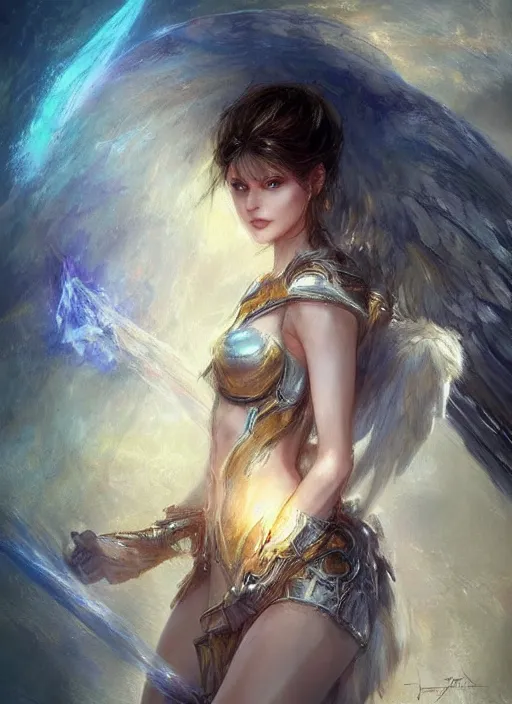 Image similar to concept art, angel knight girl. by artstation trending, by joseph mallord william turner, luis royo, konstantin razumov, cinematic lighting, fractal flame, highly detailed