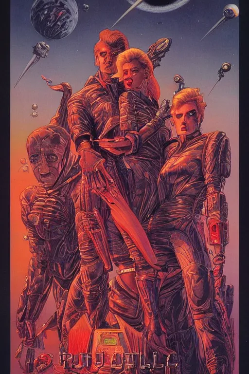 Prompt: realistic detailed 1980s style movie poster, retrofuturistic, vampires in space. moebius, brom, ian miller, dark, moody, vibrant colors, 4k