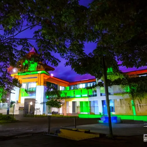 Prompt: Universidad del Quindio with neon lights at night with sky full of starts