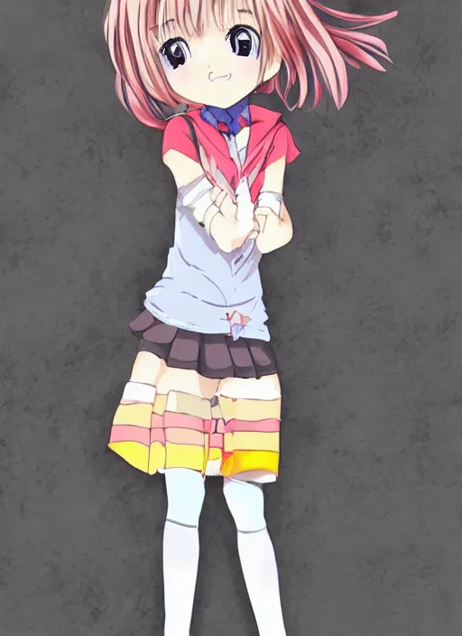 Image similar to drawn anime girl, cute outfit, posing, crayon art, very silly looking, very anime