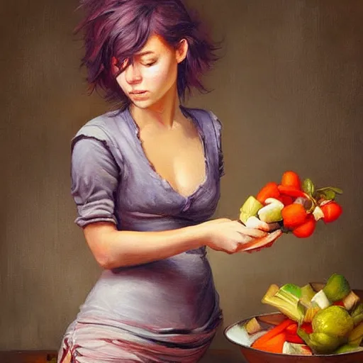 Image similar to a beautiful painting of a gorgeous young mother chopping vegetables on a weathered cutting board, representative of the art style of artgerm and wlop and peter mohrbacher