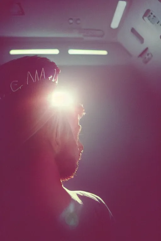 Image similar to agfa vista 4 0 0 photograph of a meso american guy on a spaceship, ancient yet futuristic, synth vibe, vaporwave colors, lens flare, flower crown, back view, moody lighting, moody vibe, telephoto, 9 0 s vibe, blurry background, grain, tranquil, calm, faded!,