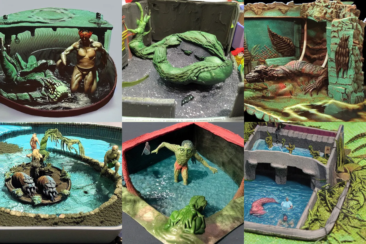 Prompt: miniature diorama of the creature from the black lagoon's swimming pool