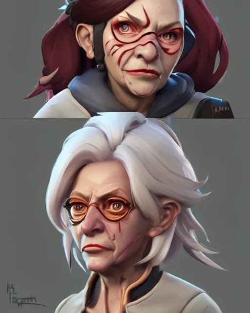 Image similar to overwatch concept art character portrait of a new character who is an elderly pale woman with a scarred face, trending on artstation, cgsociety,