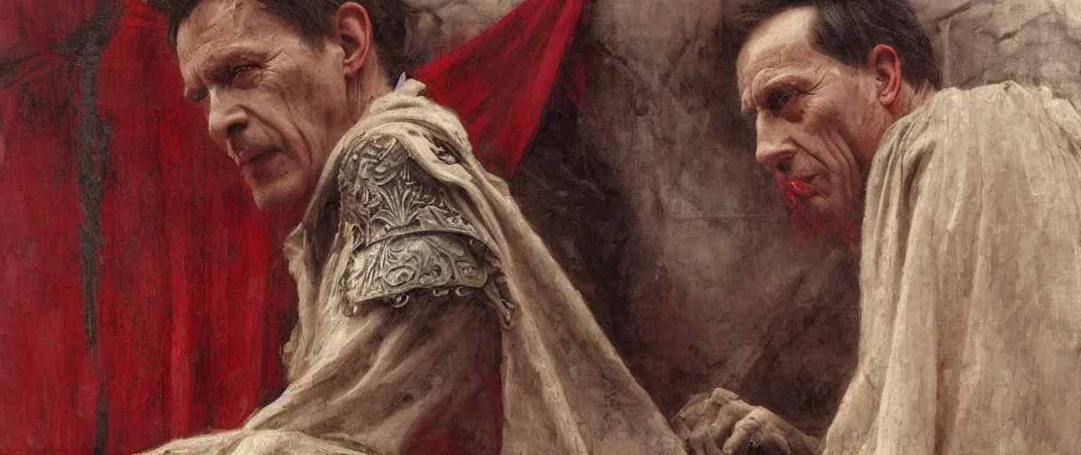 Image similar to the end is near. a tired julius caesar is sitting on a throne. face is highly detailed. splices of red are running down his toga. mist. close - up shot. dark background. soft light. imagined by jeremy lipking and alphonse mucha