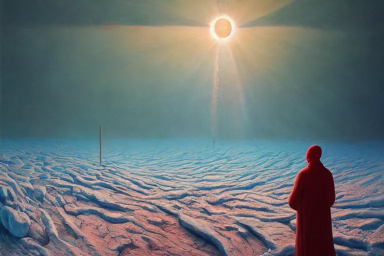 Prompt: a painting of a surreal frozen landscape, winter sun, light beams, painting by beeple and zdzisław beksinski, sharp focus, red color scheme, a matte painting by li shida, cgsociety, context art, redshift, matte painting, reimagined by industrial light and magic