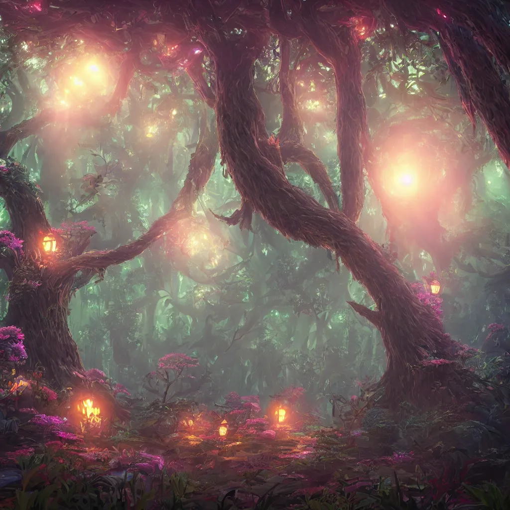 Image similar to huge trees and lanterns, misty nighttime. radiating rich energy. photorealistic, moody atmosphere, volumetric shading, holographic dreamlike, intricate and detailed, vivid colors. ori and the blind forest, breath of the wild style, by miyazaki ghibli!!!. trending on artstation. award winning, daily deivation. pastel!! pink accents.