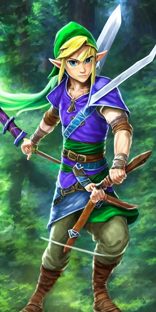 Image similar to link dressed in traditional green tunic and cap, holding the master sword and hylian shield in each hand, in dynamic fighting pose, clear detailed face with focused expression, mystical forest background, dark skies, green purple blue pink iridescent color scheme, intricately detailed, finely textured, cgsociety