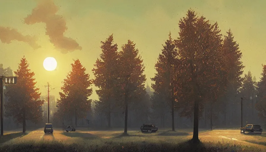 Image similar to city full of solar panels, early morning sun in the sky, one tree, simon stalenhag