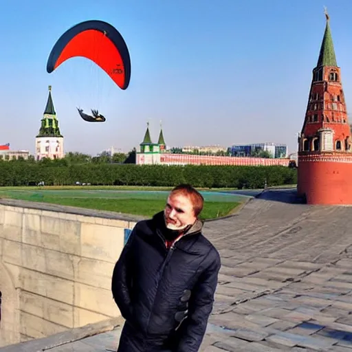 Image similar to Valery Leontiev flies a hang glider past the Kremlin