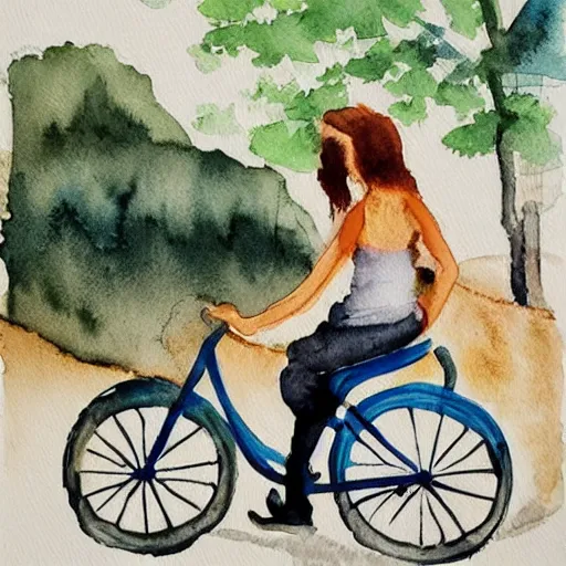 Prompt: person riding a bike on a hot summer day, watercolor painting, morandi color palette, very beautiful masterpiece by a very talented artist, extremely detailed stunning, dreamy, melancholy , poetic, nostalgic