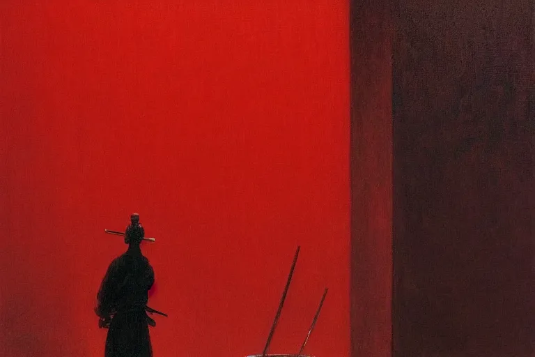 Image similar to only with red, a red samurai harakiri, tokio, a lot of frogs watch, in the style of beksinski, parts by edward hopper, parts by rodcenko, parts by yue minjun, intricate and epic composition, red by caravaggio, insanely quality, highly detailed, masterpiece, red light, artstation, 4 k