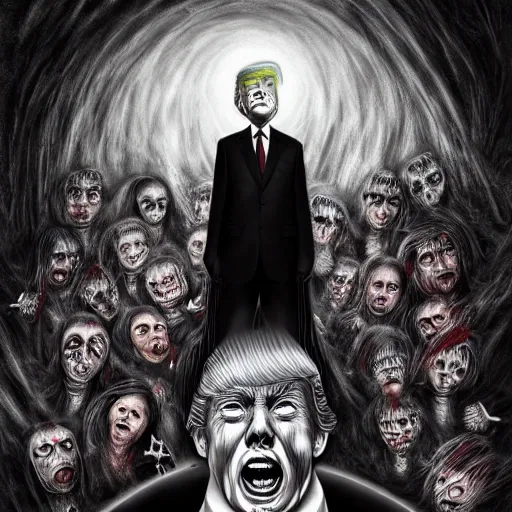 Image similar to trump scariest horror nightmare by junji ito, digital art, deepdream cosmic, 3 d high definition, trending on artstation, photorealistic, high resolution, 8 k, octane, hyper detailed, trending on deviantart insane details, intricate, elite, ornate, elegant trend, highly detailed and intricate, sharp focus, photography, unreal engine