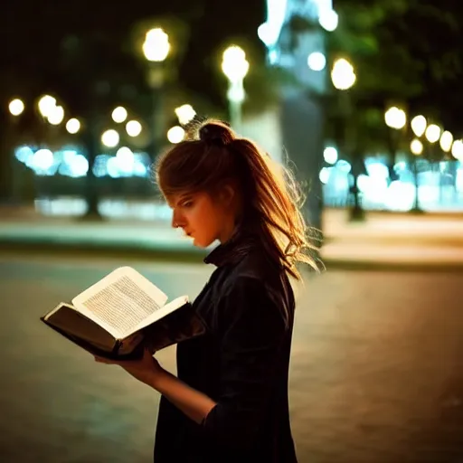 Image similar to a girl reading book, hair flowing down, city park, street lights, contrast, dramatic, by Edouard Bisson